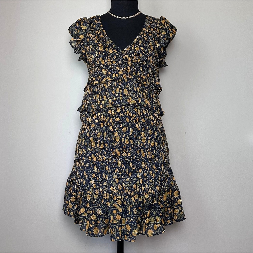 Olivaceous‎ Mini Dress Large Black Gold Floral Ruffle Smocked Fairy Whimsygoth